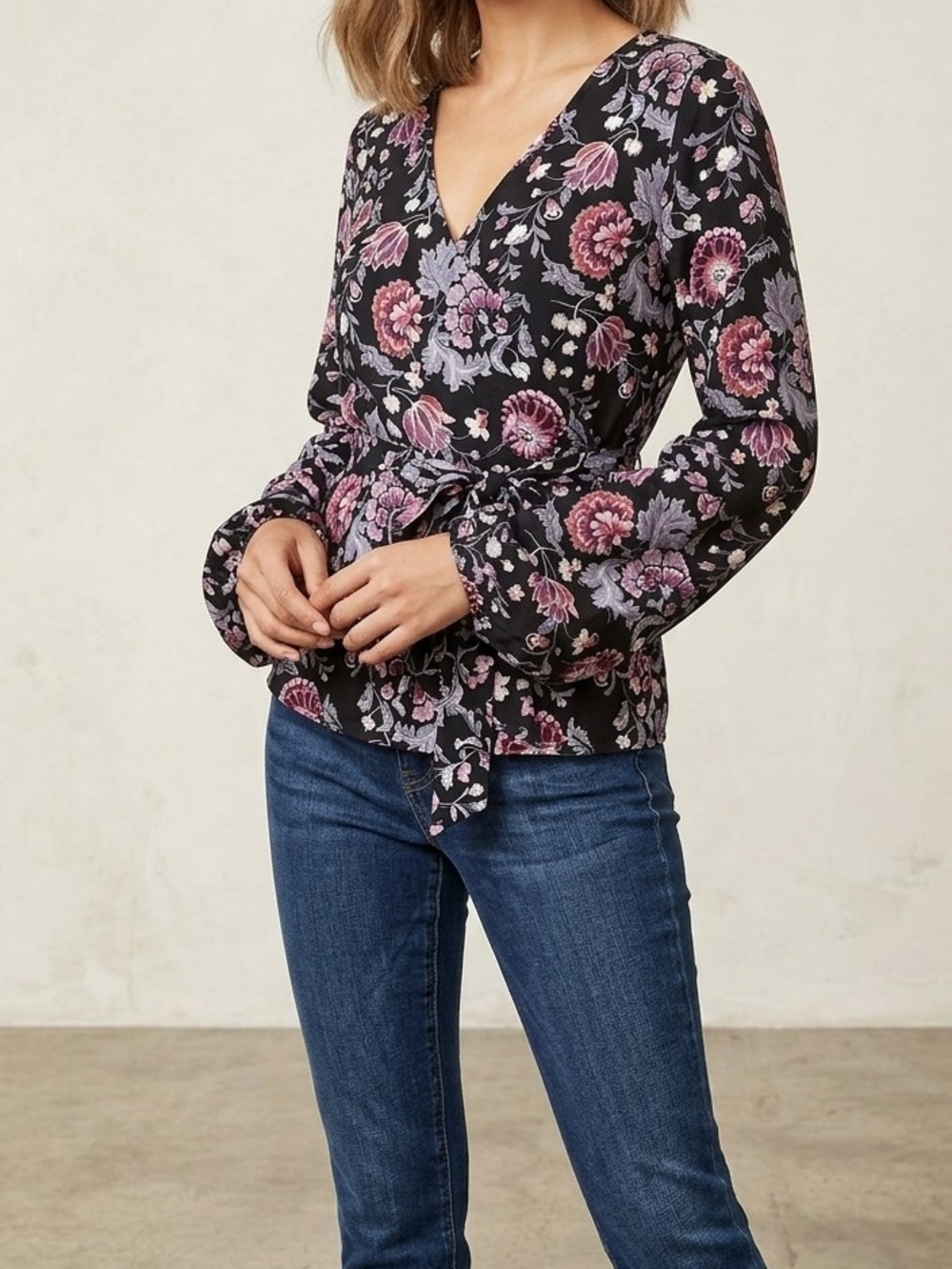 LOFT Black Floral Wrap Blouse with Pink and Lavender Flowers